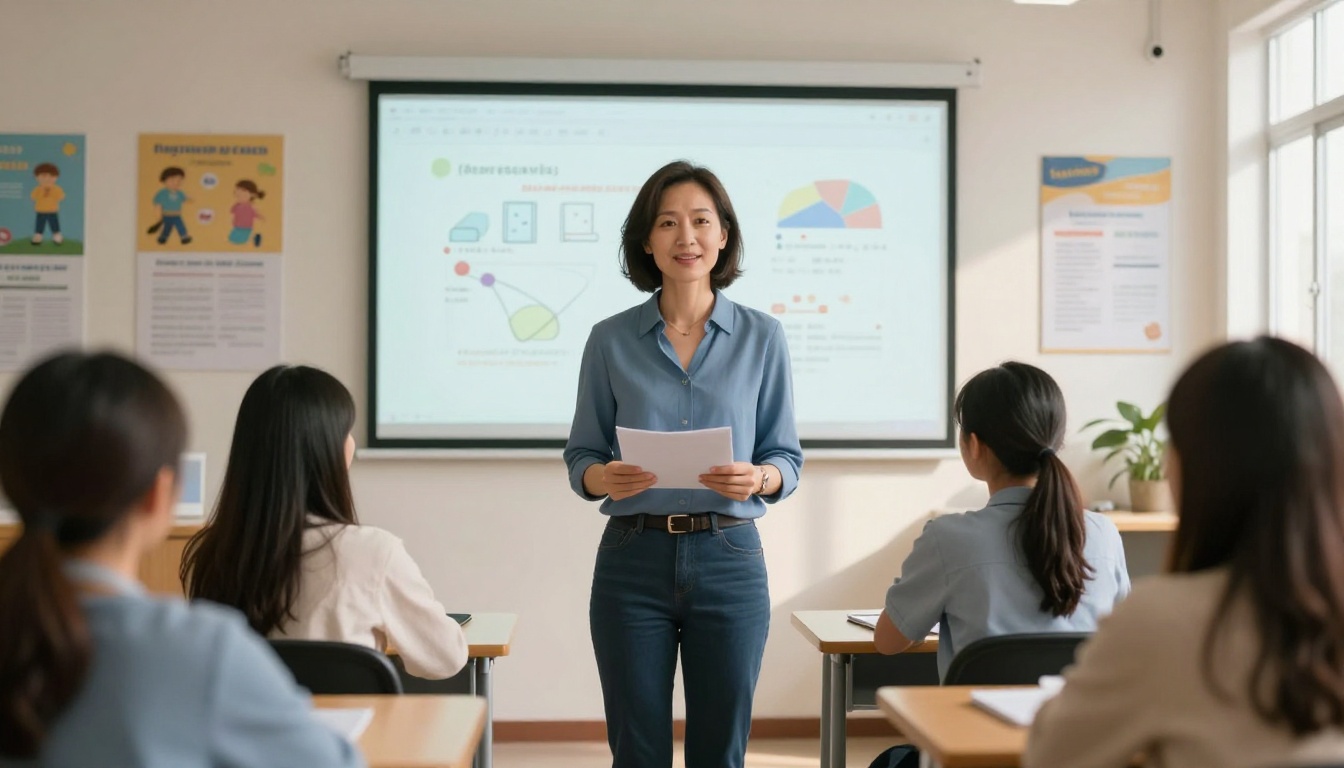 Female teacher showing students a digital flipbook on classroom projector
