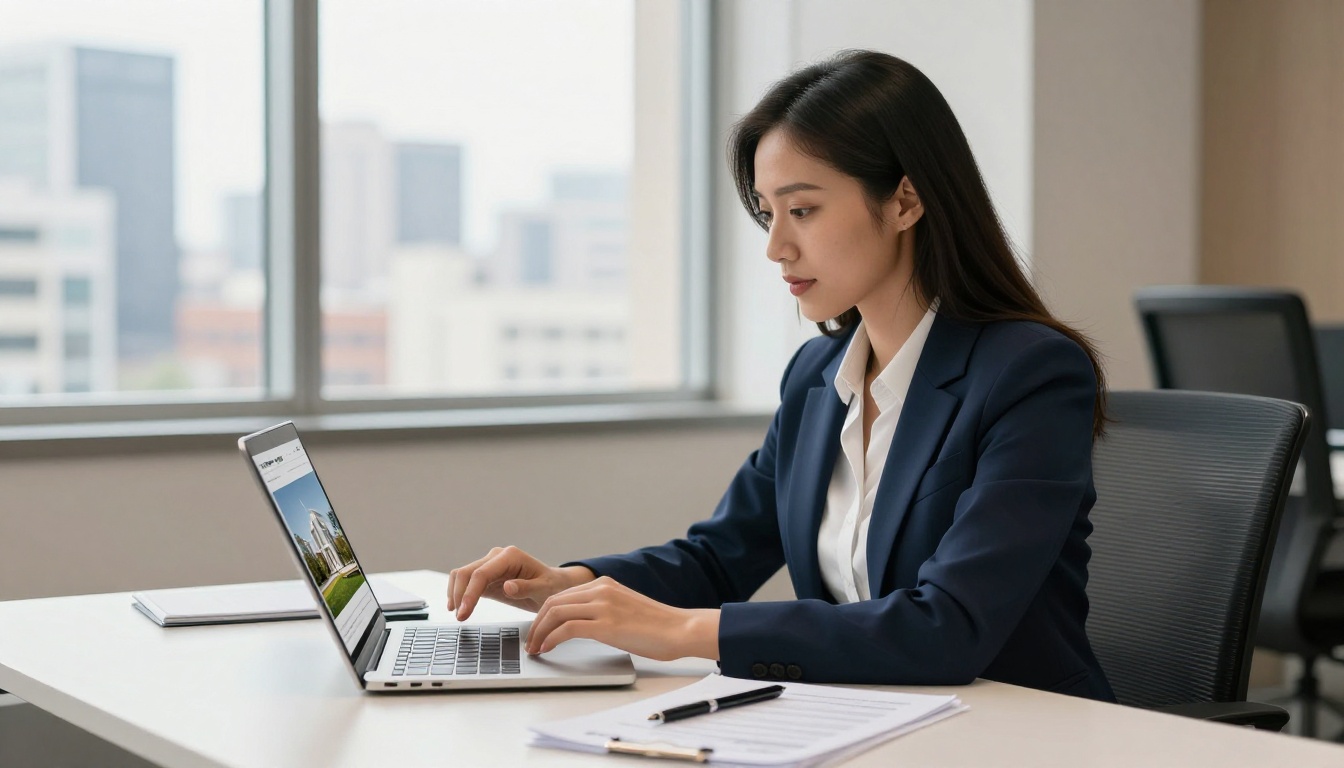 Real estate agent reviewing digital property brochures on laptop in modern office