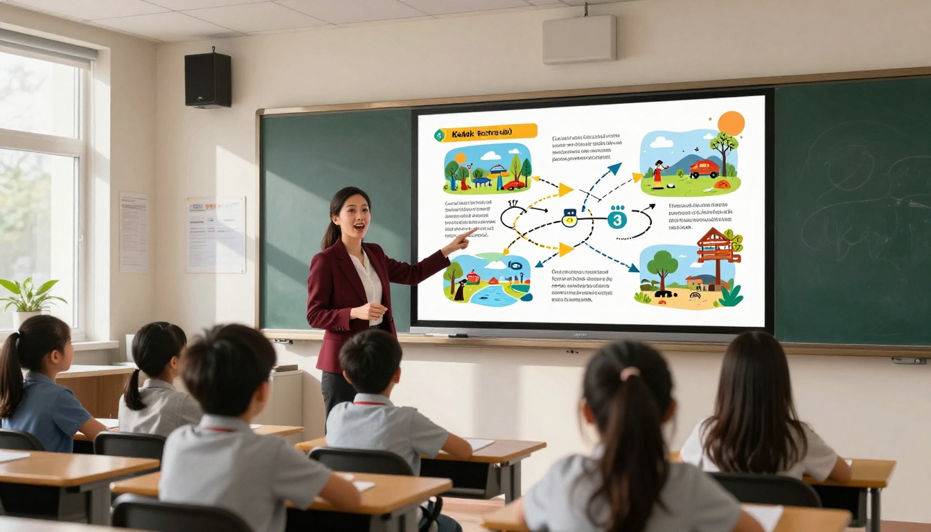 Teacher pointing to interactive flipbook on classroom whiteboard
