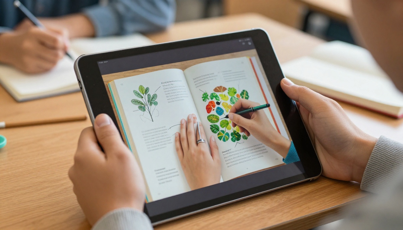 Student hands holding tablet displaying interactive flipbook mid-page-turn