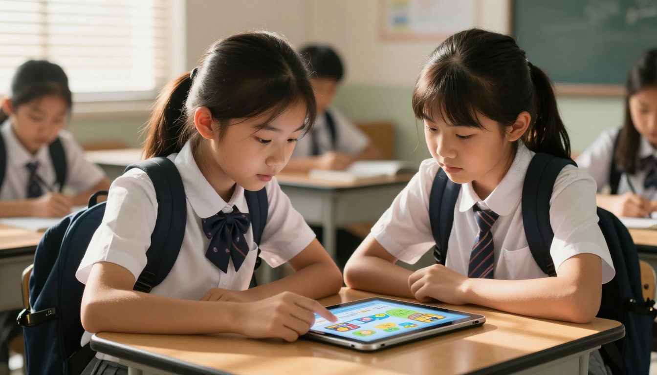 Two students collaborating over tablet showing a school course catalog flipbook