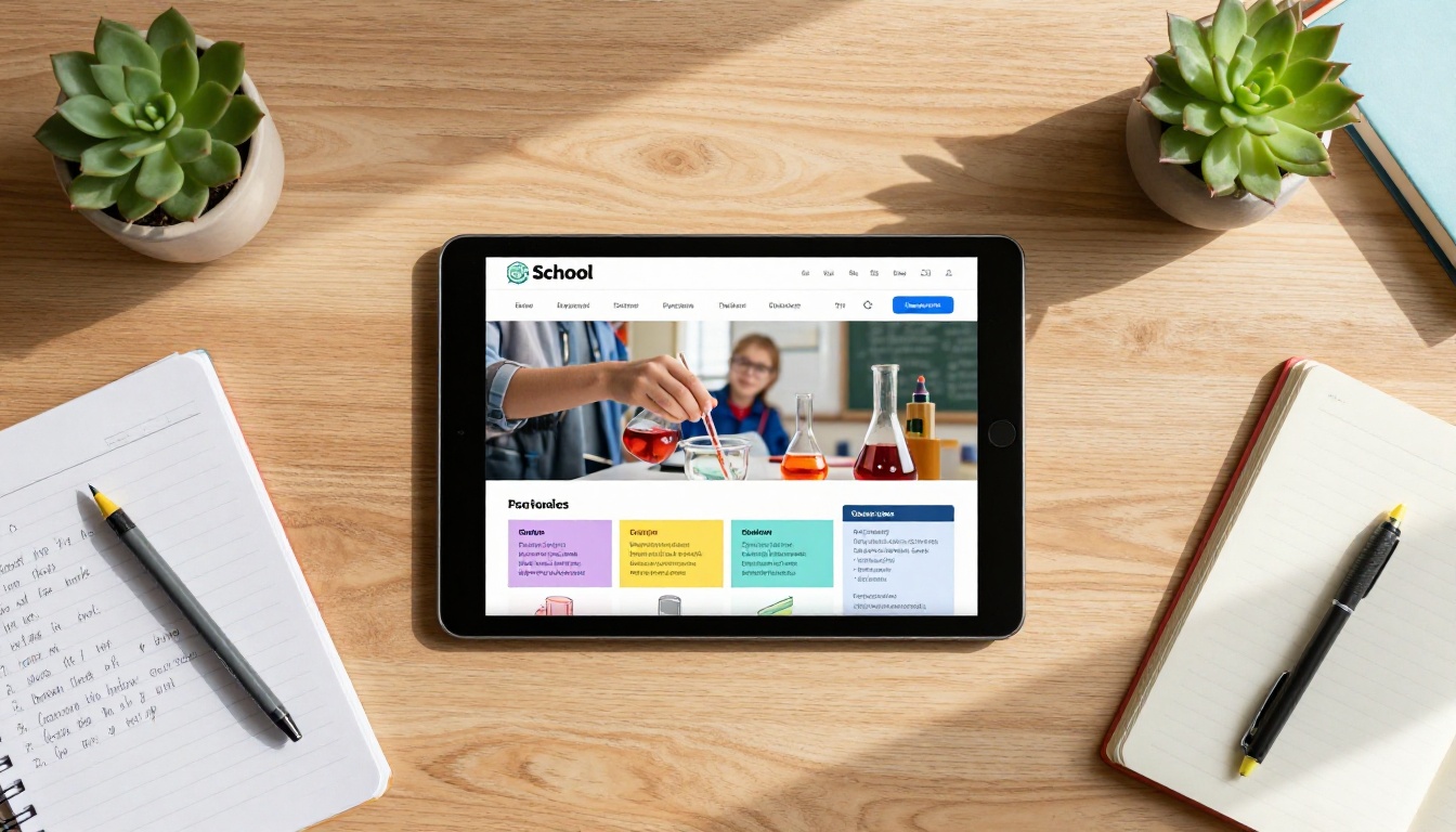 Aerial flatlay of student desk with tablet showing a flipbook course material