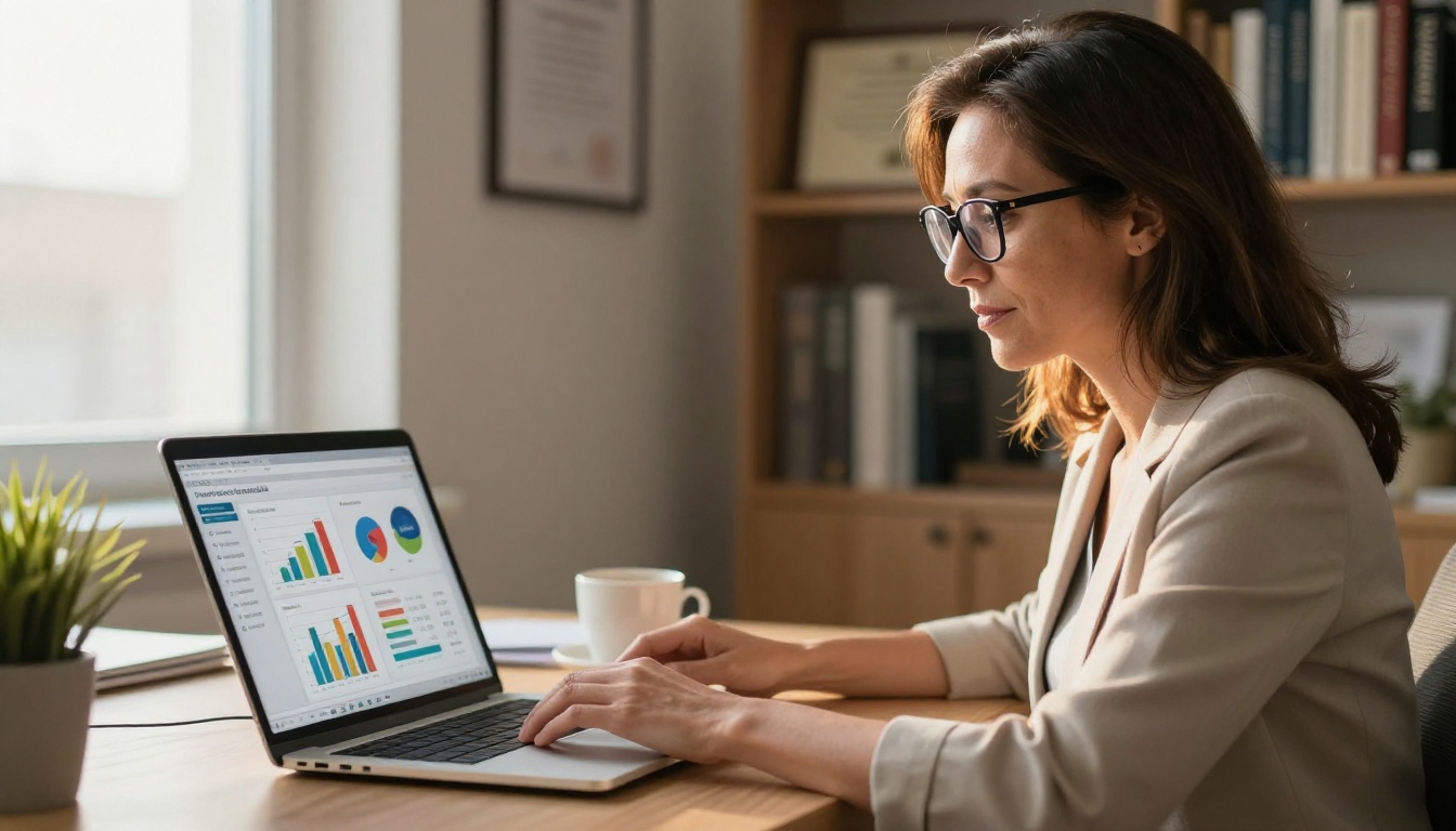 Teacher reviewing student reading analytics on laptop at school desk