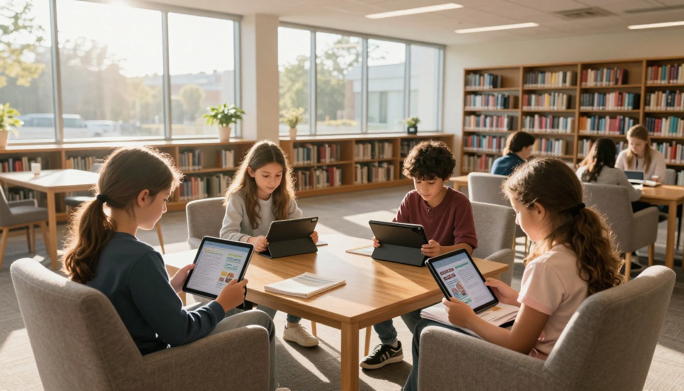 Students reading interactive flipbooks in bright school library