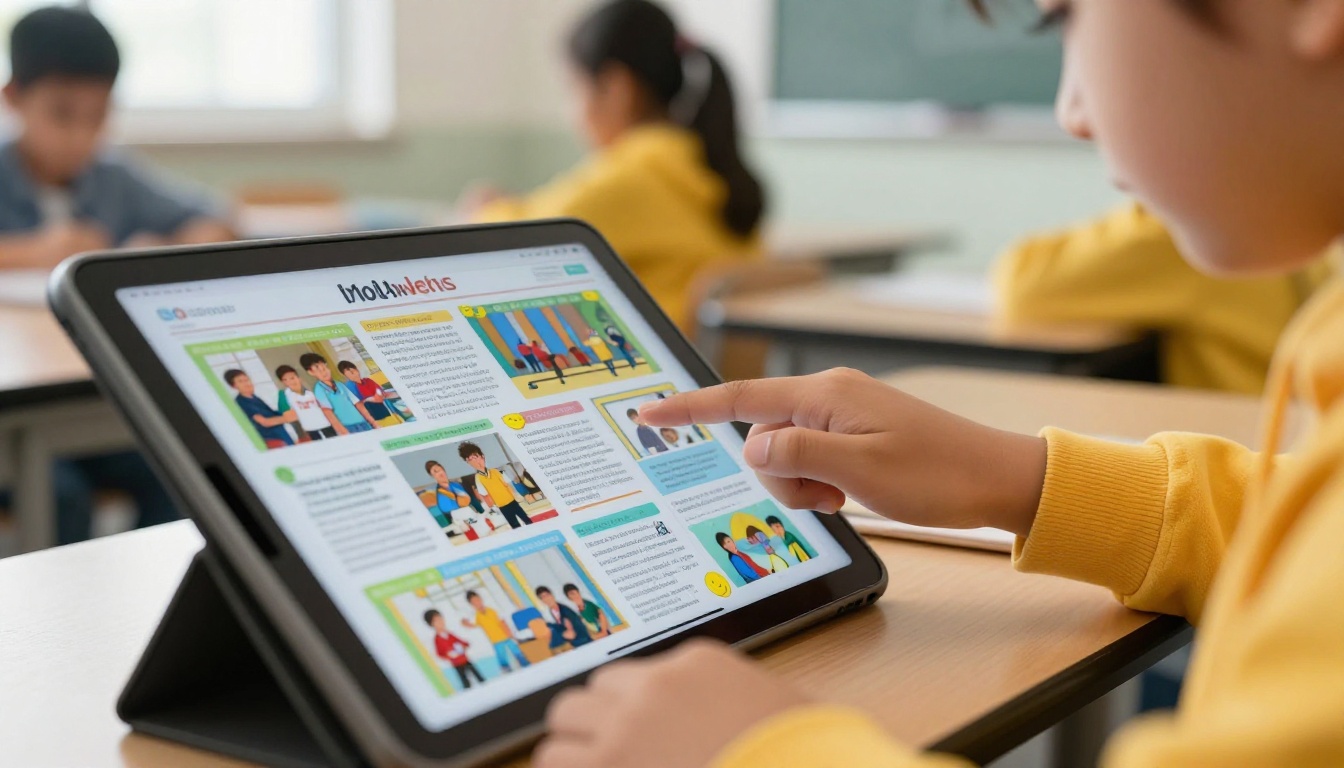 Student swiping through a school newsletter flipbook on tablet