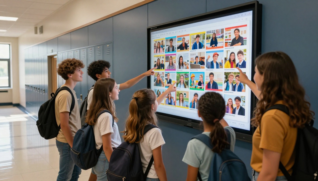 Students gathered around hallway display showing digital yearbook flipbook