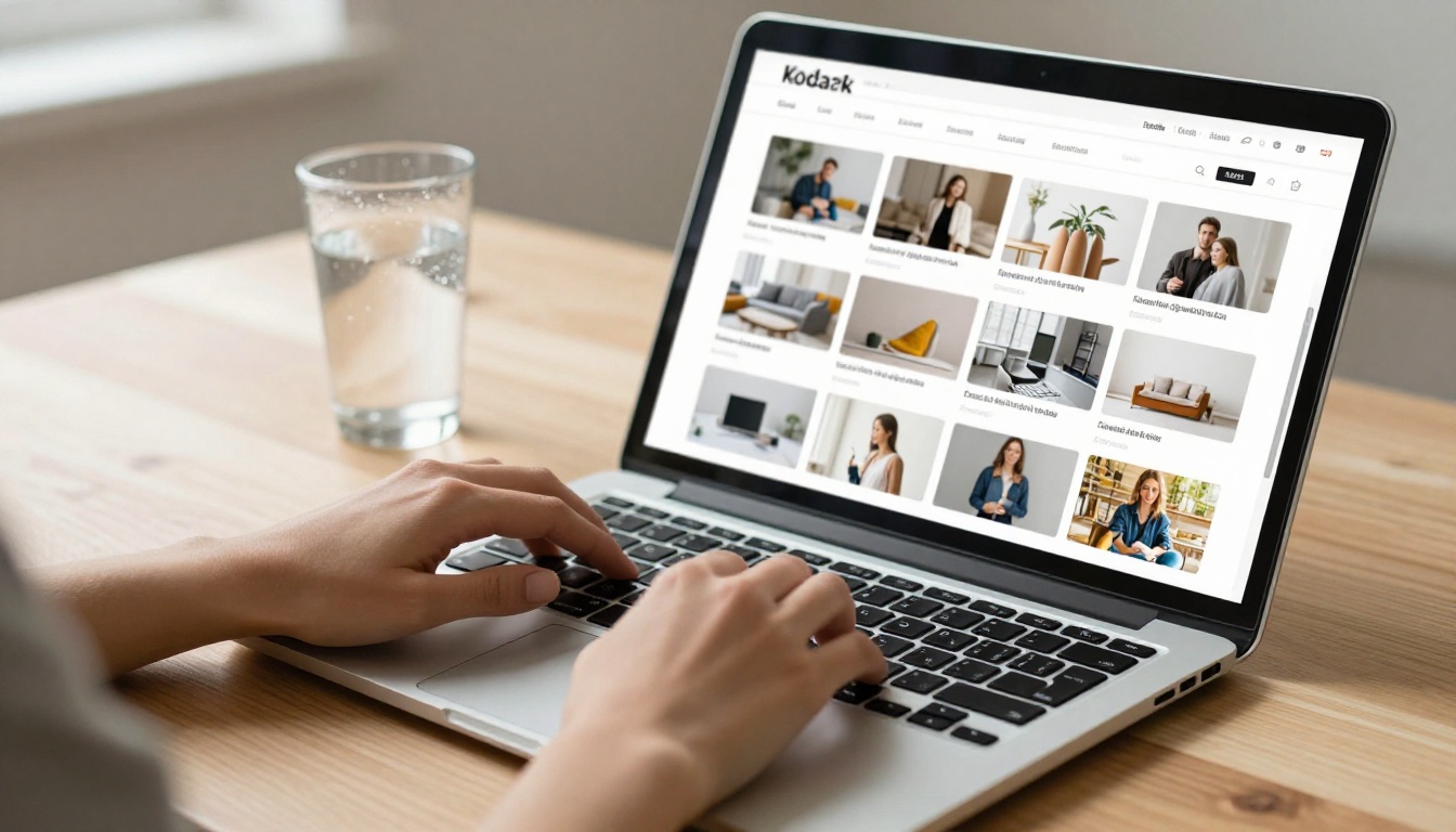 Woman designing product catalog layout on laptop