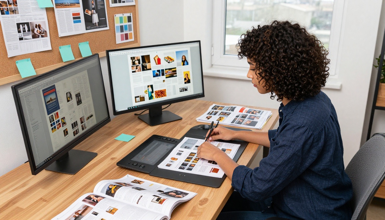 A graphic designer arranging magazine layouts across dual monitors at a professional studio desk A graphic designer arranging magazine layouts across dual monitors at a professional studio desk