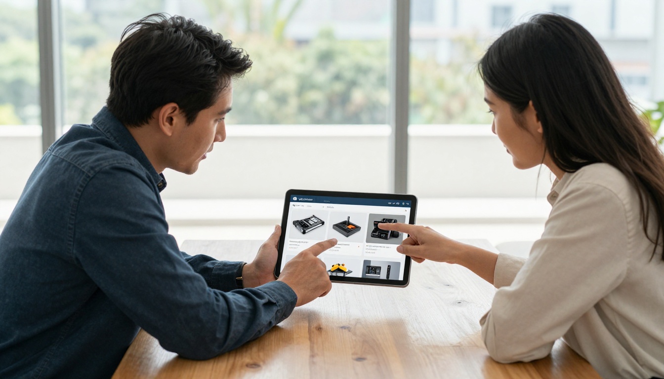 Two business people reviewing a product catalog on a tablet