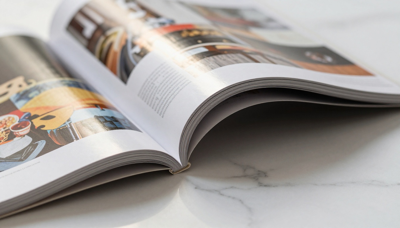 Close-up of a glossy magazine with pages mid-turn on a marble surface Close-up of a glossy magazine with pages mid-turn on a marble surface