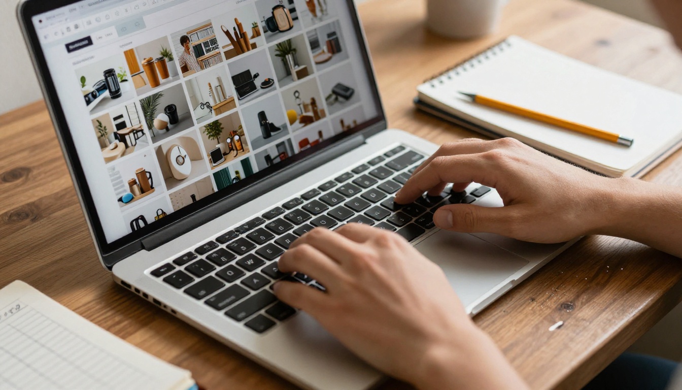 Close-up of hands designing digital catalog layout on laptop