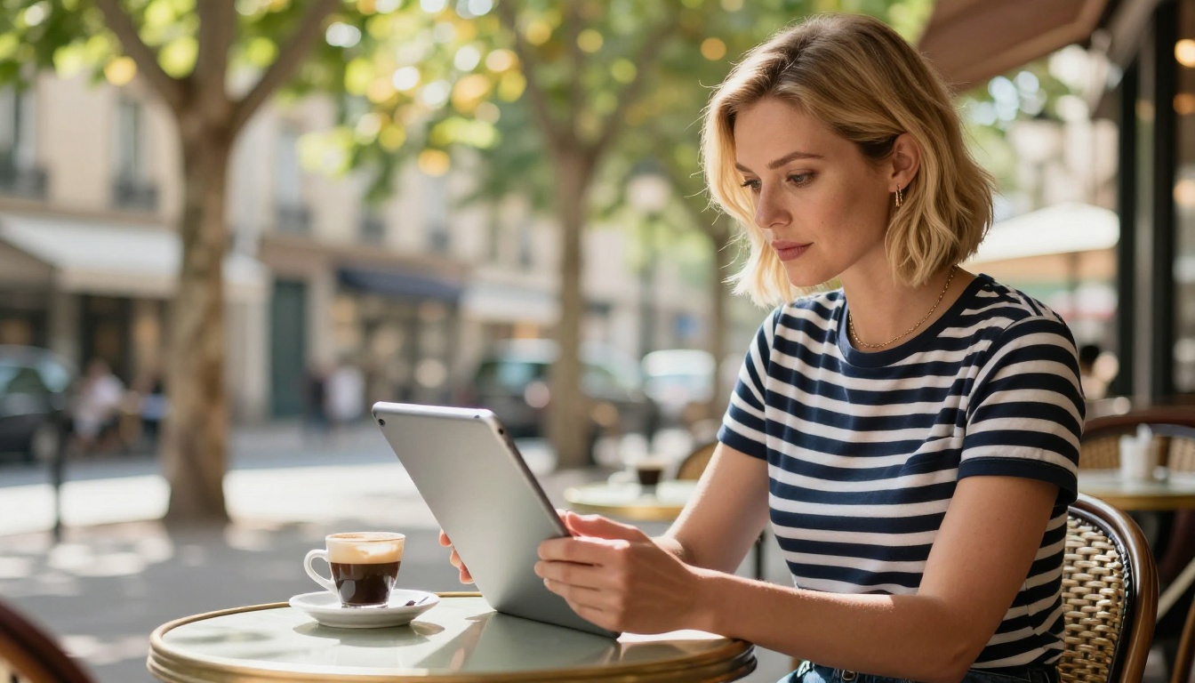 A stylish woman reading a digital flip magazine on a tablet at an outdoor Parisian café A stylish woman reading a digital flip magazine on a tablet at an outdoor Parisian café