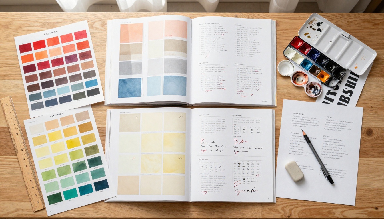 A flat-lay creative design workspace with open color swatch books, magazine layout drafts, and design tools on a wooden table A flat-lay creative design workspace with open color swatch books, magazine layout drafts, and design tools on a wooden table