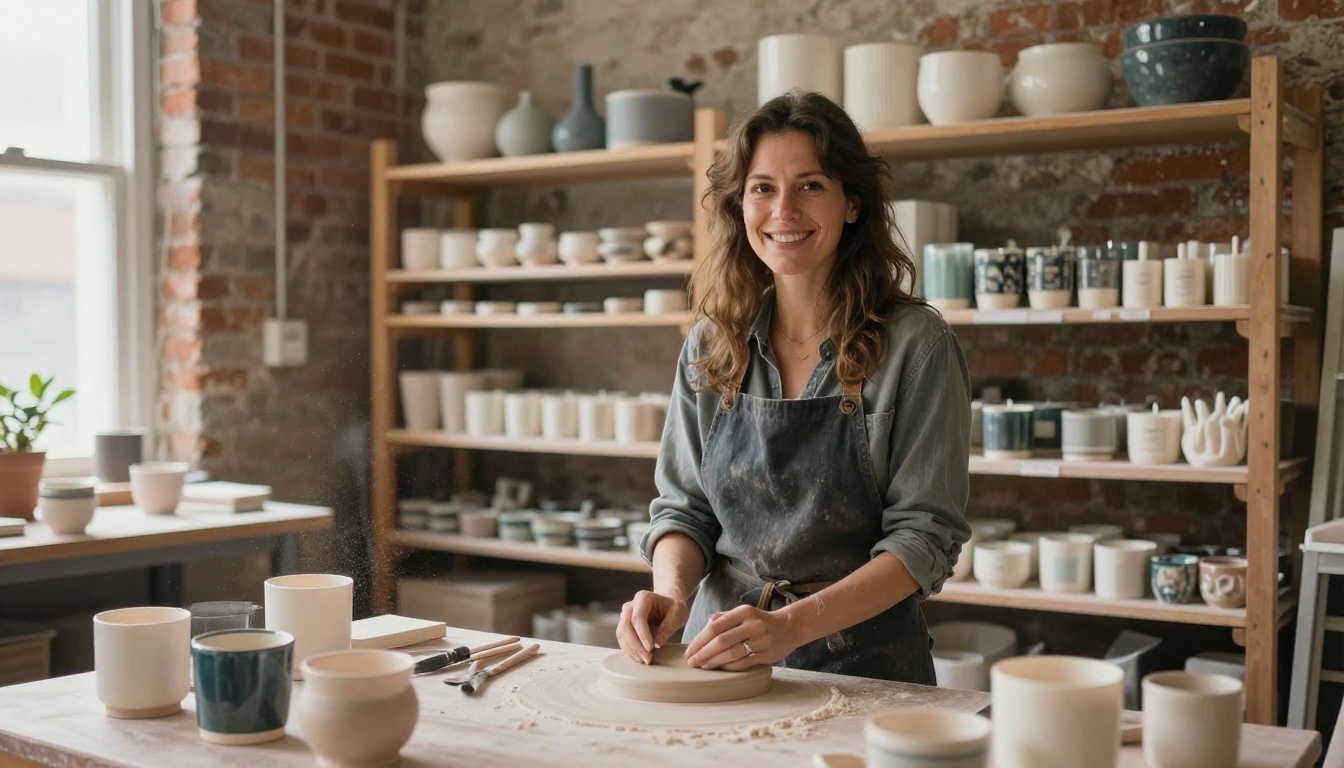 Small business owner in craft workshop with handmade products