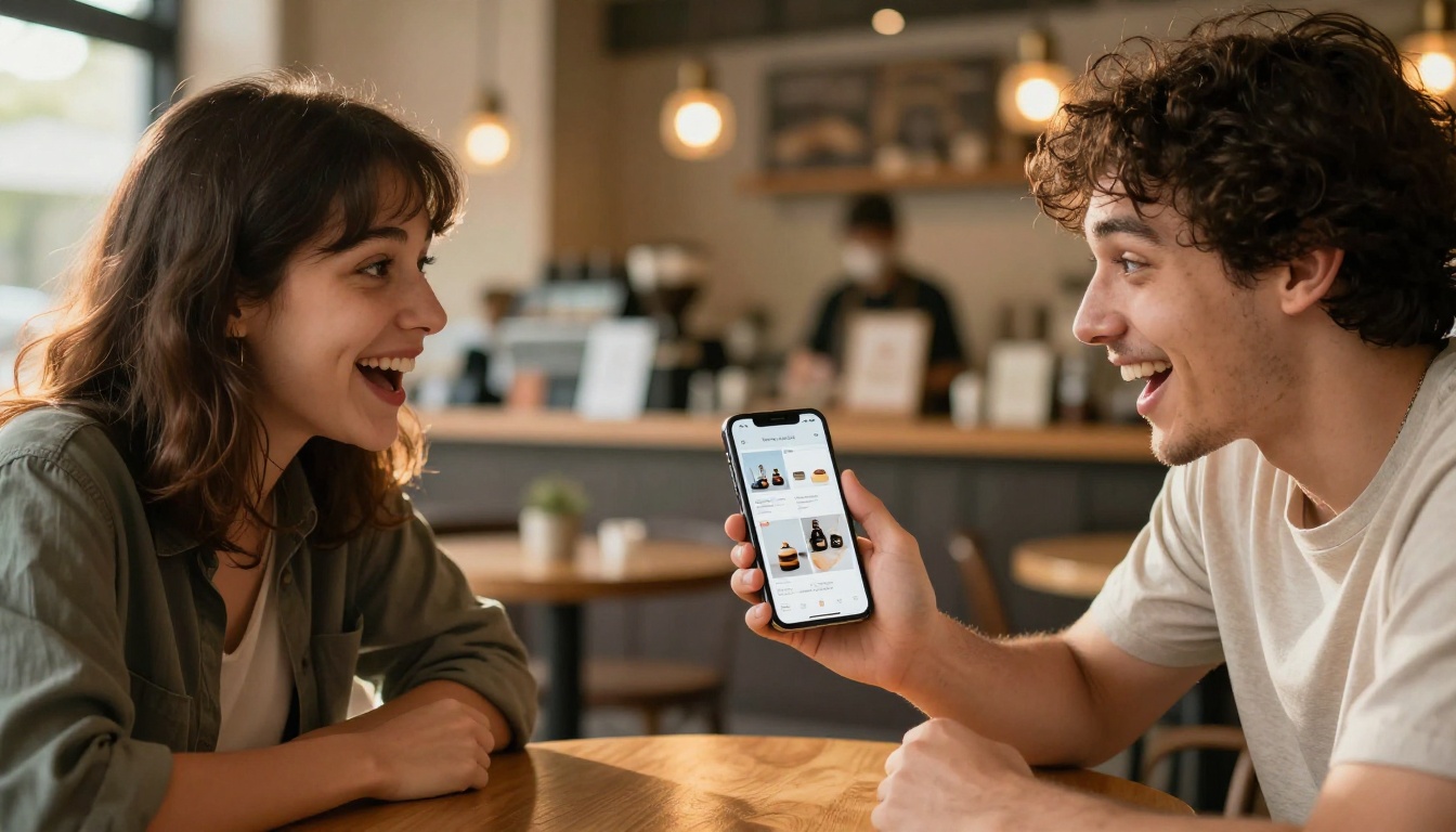 Person sharing digital product catalog on phone with a client at cafe