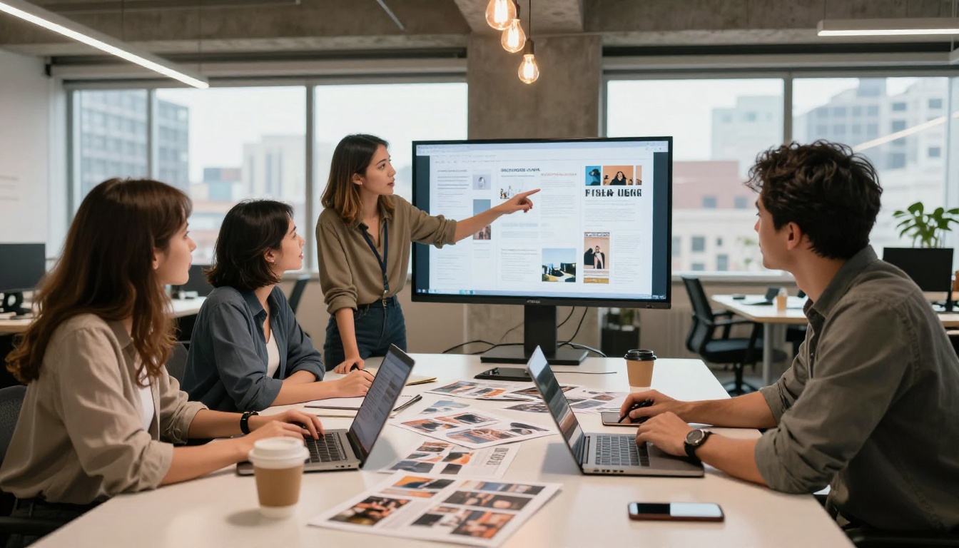 A creative team discussing magazine content strategy around a conference table with magazine spreads and laptops A creative team discussing magazine content strategy around a conference table with magazine spreads and laptops