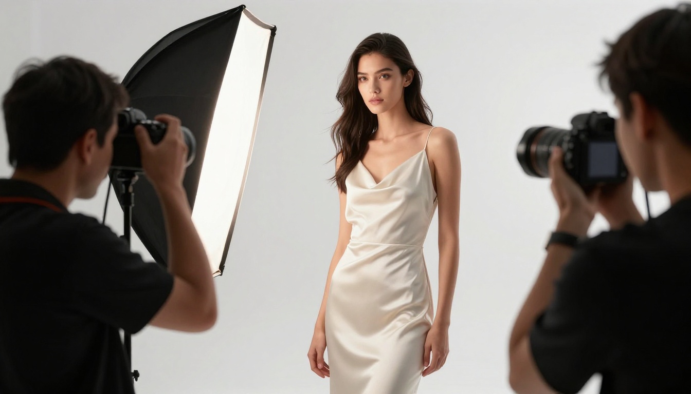 A high-fashion editorial photo shoot in progress in a minimalist white studio with a model in ivory satin and a photographer A high-fashion editorial photo shoot in progress in a minimalist white studio with a model in ivory satin and a photographer