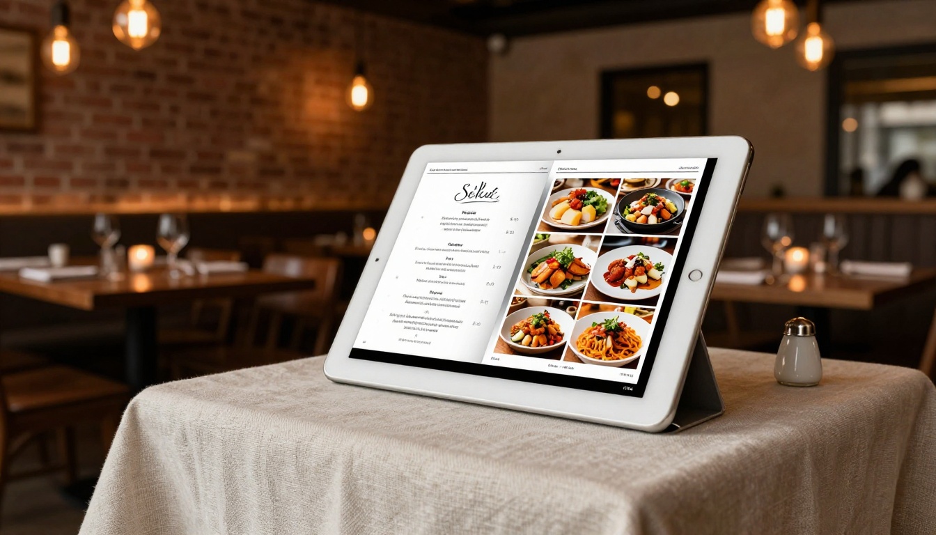 A beautifully designed digital flip menu on a tablet stand in a warm, atmospheric restaurant setting A beautifully designed digital flip menu on a tablet stand in a warm, atmospheric restaurant setting