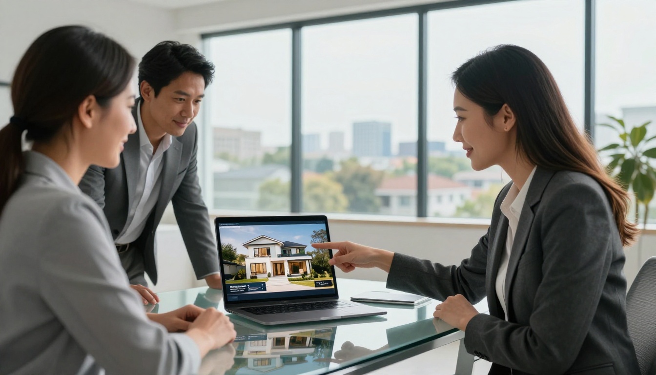 A real estate agent showing a digital property flip brochure to clients on a laptop in a modern office A real estate agent showing a digital property flip brochure to clients on a laptop in a modern office
