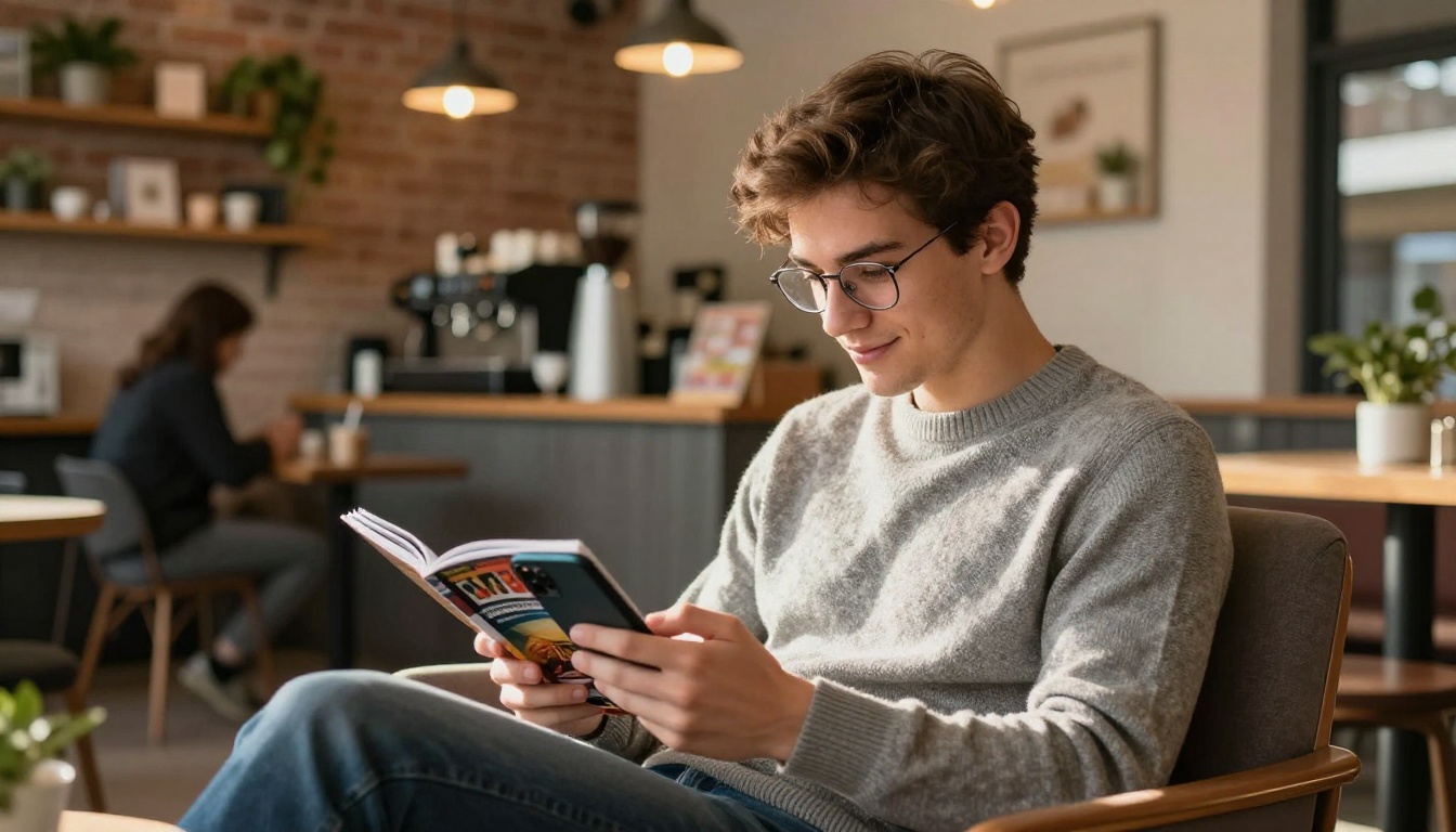 A young man reading a digital magazine on his smartphone with a relaxed smile in a warm, cozy coffee shop A young man reading a digital magazine on his smartphone with a relaxed smile in a warm, cozy coffee shop