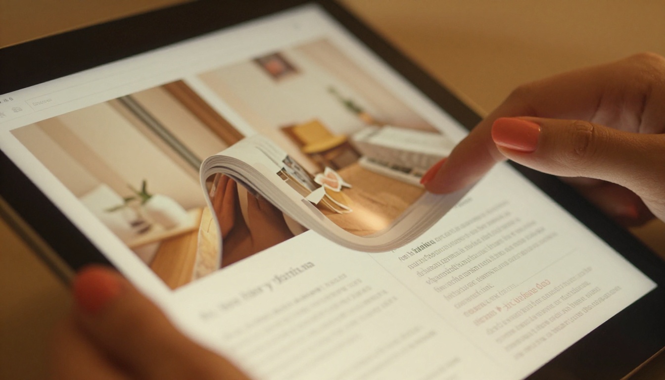 Tablet showing a PDF flipbook page mid-turn with realistic curl effect