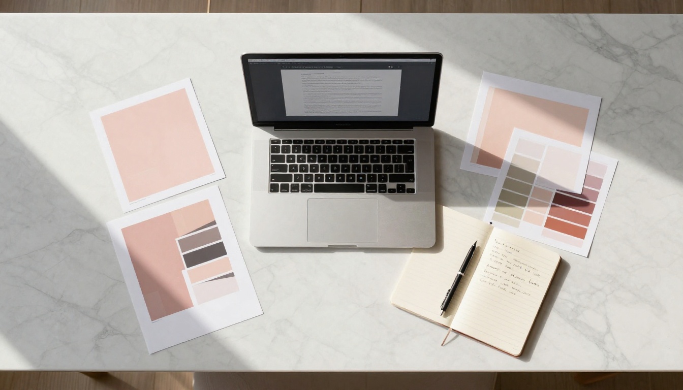 Overhead flat-lay of a minimalist creative workspace with MacBook showing a PDF document interface