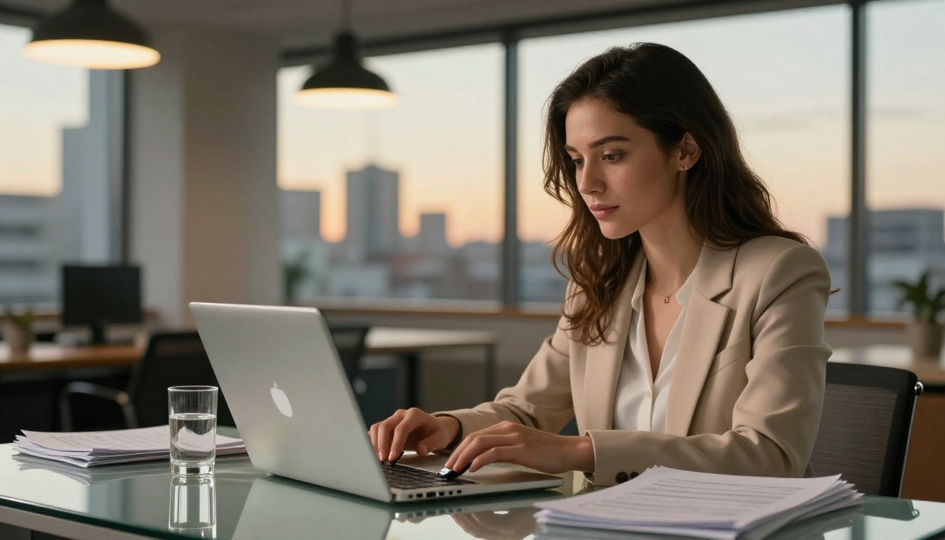 Professional woman uploading a document file to a silver laptop in a golden-hour office