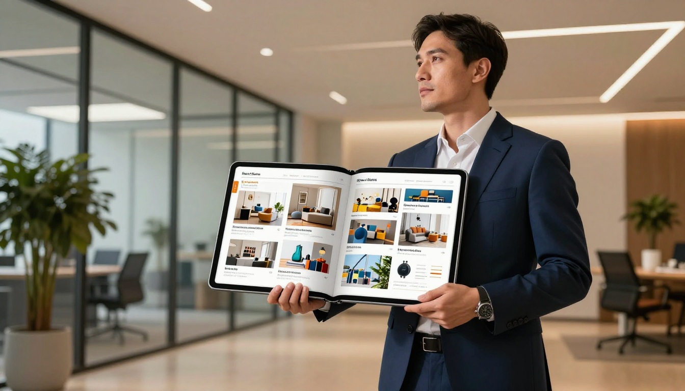 Low-angle shot of an executive reviewing a digital product catalog flipbook on a large tablet