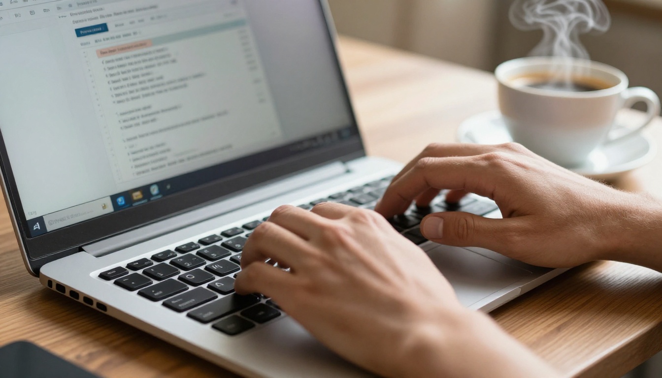 Close-up of masculine hands typing on a mechanical keyboard with a PDF conversion tool visible on screen