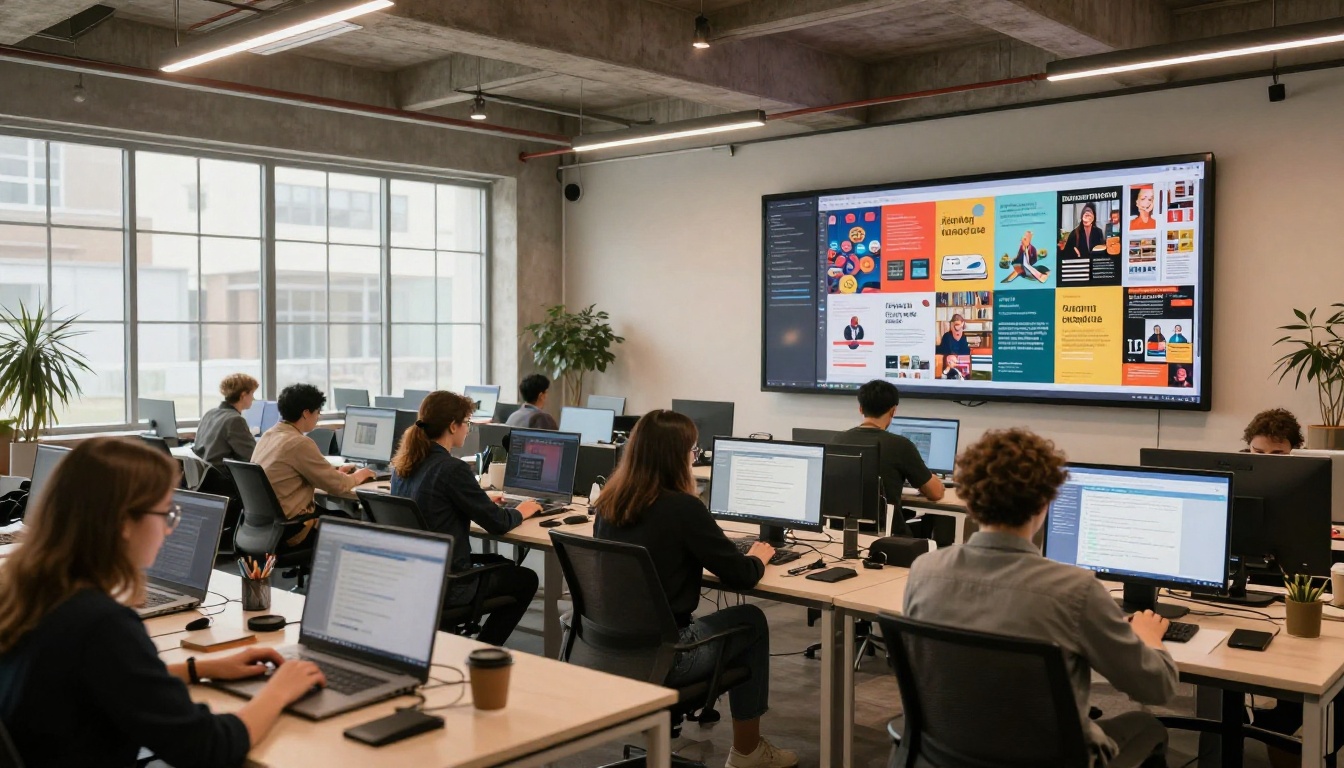 Wide shot of a bright modern co-working space with professionals working on digital publications