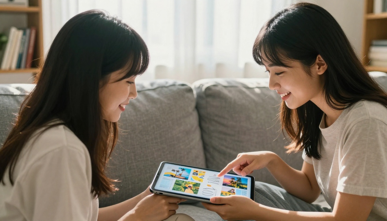 Two women sitting close together on a linen sofa, both smiling at a travel flipbook on a tablet