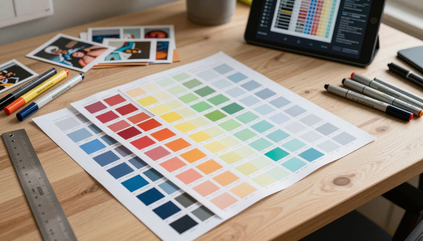Aerial shot of a creative designer's desk with color swatches, markers, prints, and a tablet showing a flipbook interface