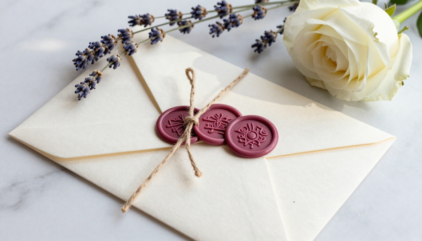 Elegant wedding invitation stationery spread on white marble with roses, wax seals, and lavender