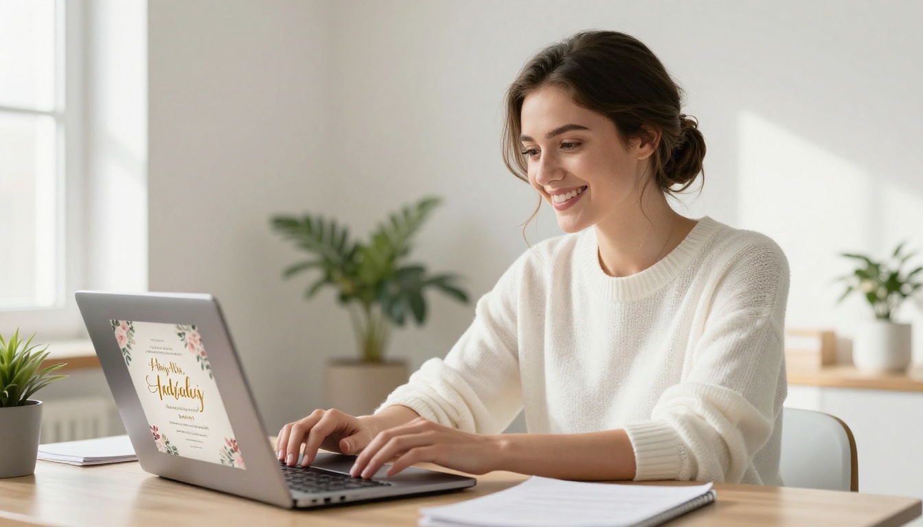 Bride smiling while working on wedding invitation design on her laptop at a bright home desk