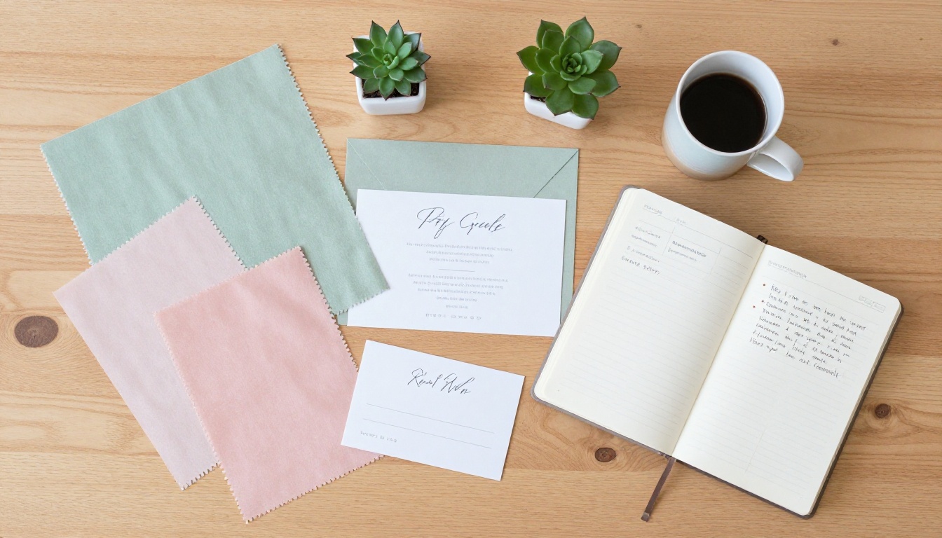 Wedding planning materials flat lay including fabric swatches, invitation proofs, and coffee on oak table