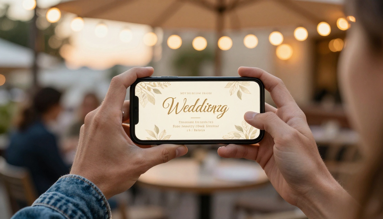 Couple holding smartphones showing interactive digital wedding invitation at outdoor café with string lights bokeh