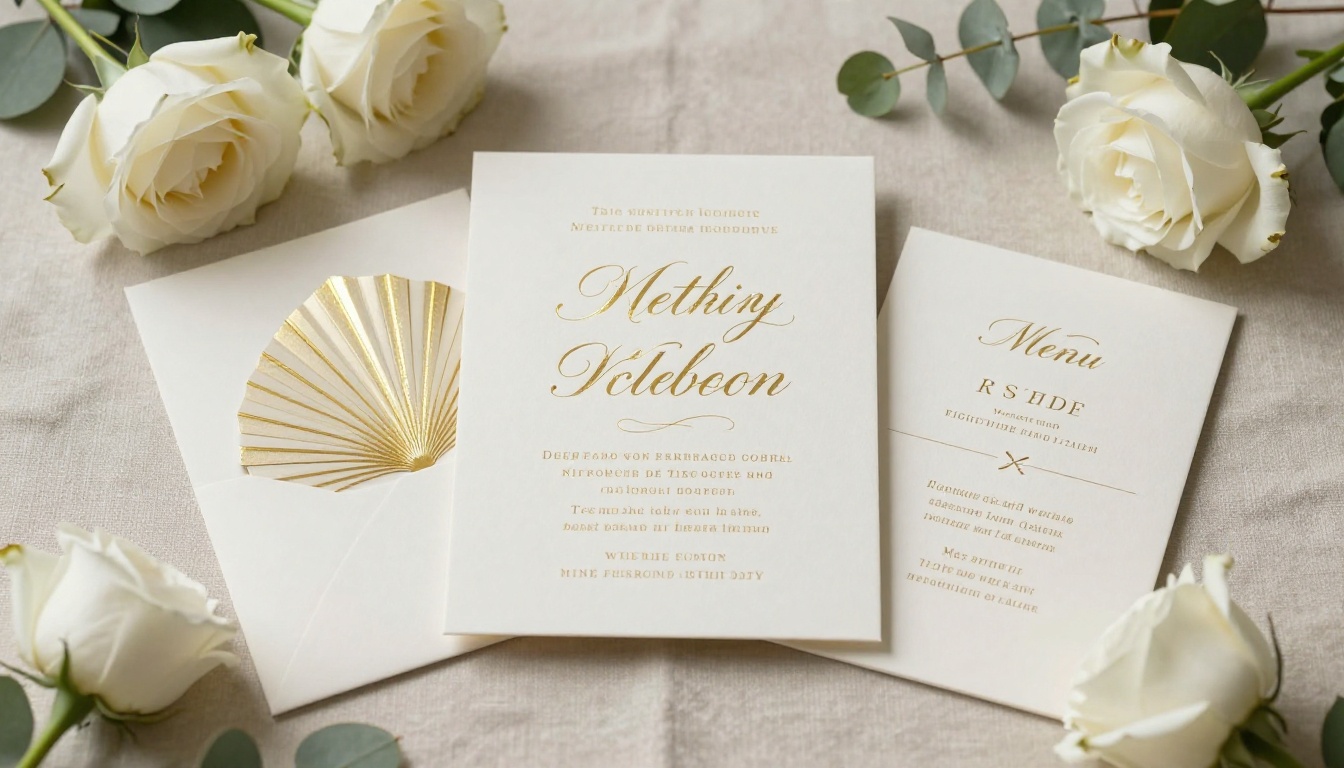 Elegant wedding invitation suite with cream and gold cards arranged on linen with white roses