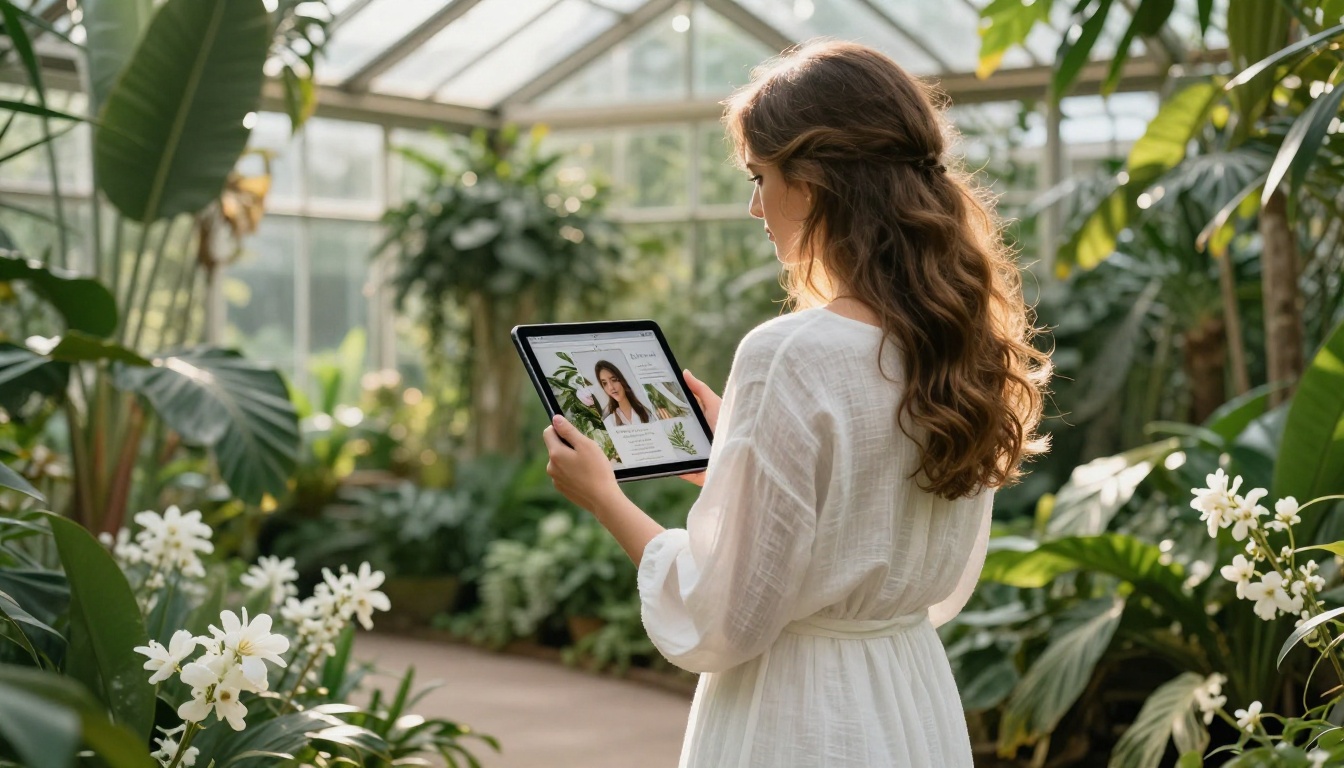 Bride holding tablet showing wedding invitation flipbook while standing in a botanical greenhouse