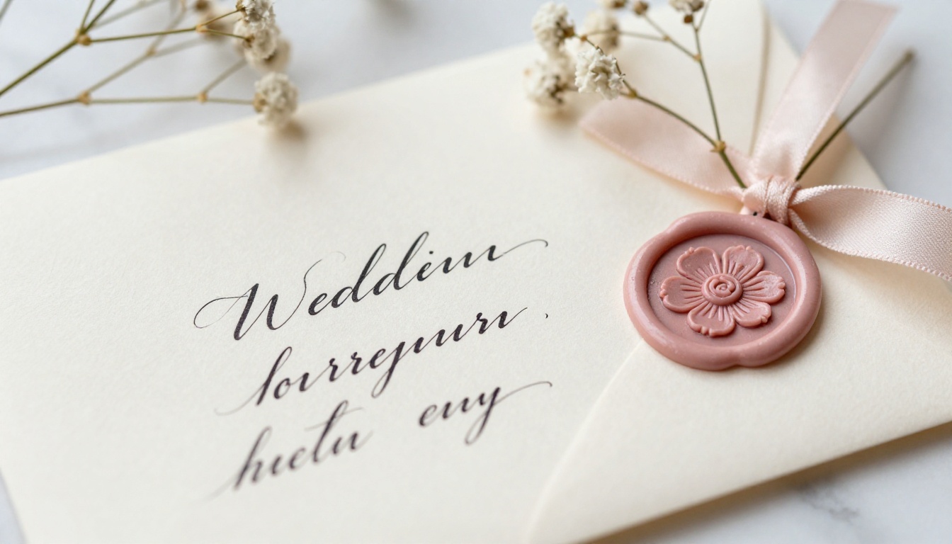 Close-up macro detail of calligraphy-addressed wedding envelope with dusty rose wax seal and dried wildflowers