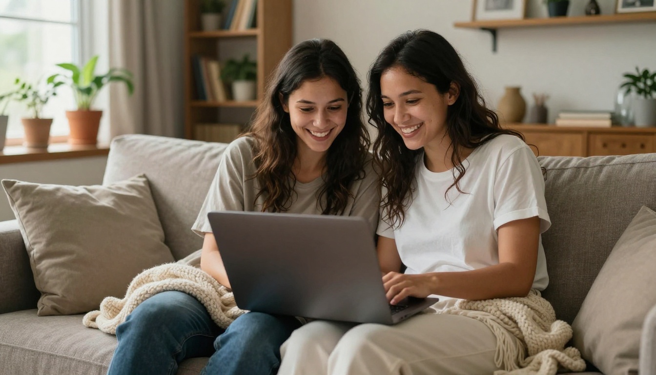 Wedding couple sitting together on a cozy couch smiling at their laptop screen in warm home lighting