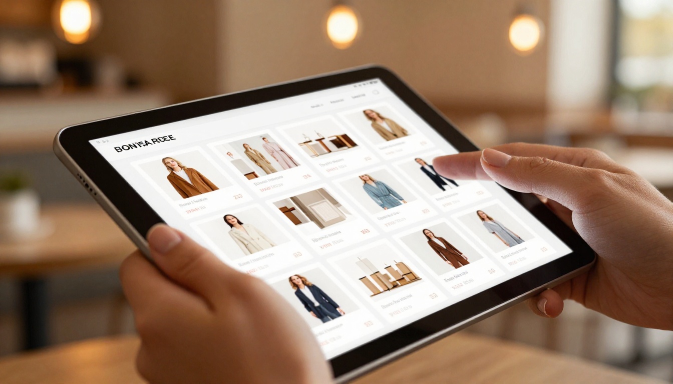 Elegant female hands holding a tablet displaying an interactive fashion catalog with product cards and pricing Elegant female hands holding a tablet displaying an interactive fashion catalog with product cards and pricing
