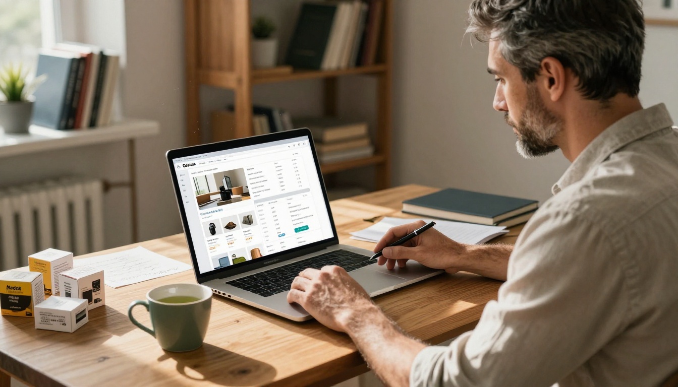 A small business owner at a wooden desk reviewing a digital product catalog on a laptop in a home office A small business owner at a wooden desk reviewing a digital product catalog on a laptop in a home office