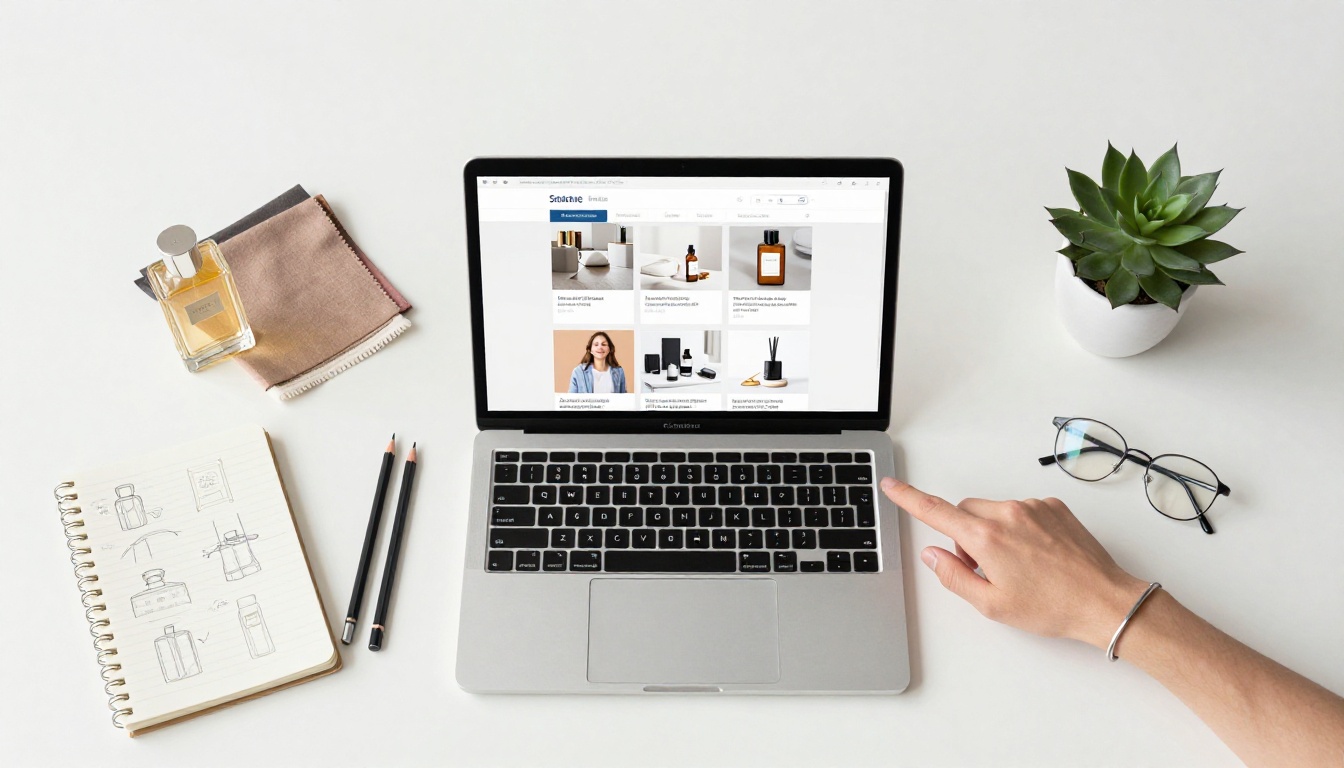 Aerial flatlay of a white desk with MacBook displaying an ecommerce catalog surrounded by fabric swatches and product samples Aerial flatlay of a white desk with MacBook displaying an ecommerce catalog surrounded by fabric swatches and product samples