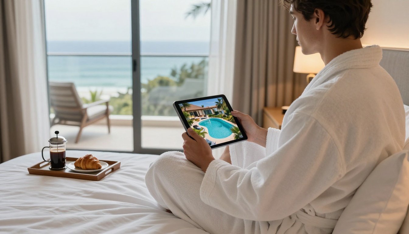 Hotel guest reviewing digital brochure on tablet in luxury ocean-view room