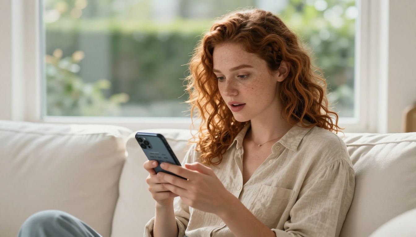 A young woman with curly auburn hair sitting on a white sofa browsing a product catalog on her smartphone A young woman with curly auburn hair sitting on a white sofa browsing a product catalog on her smartphone
