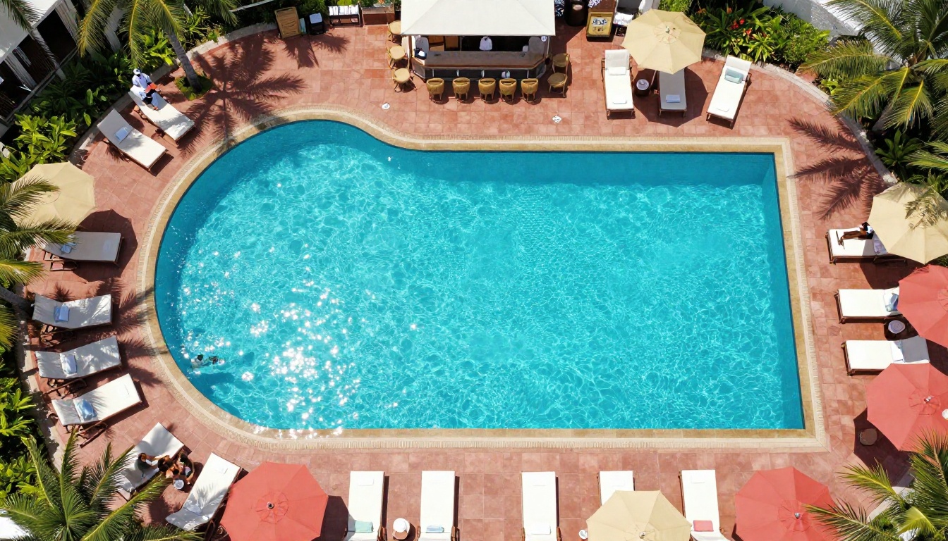 Aerial view of five-star resort pool complex with loungers, umbrellas, and tropical landscaping