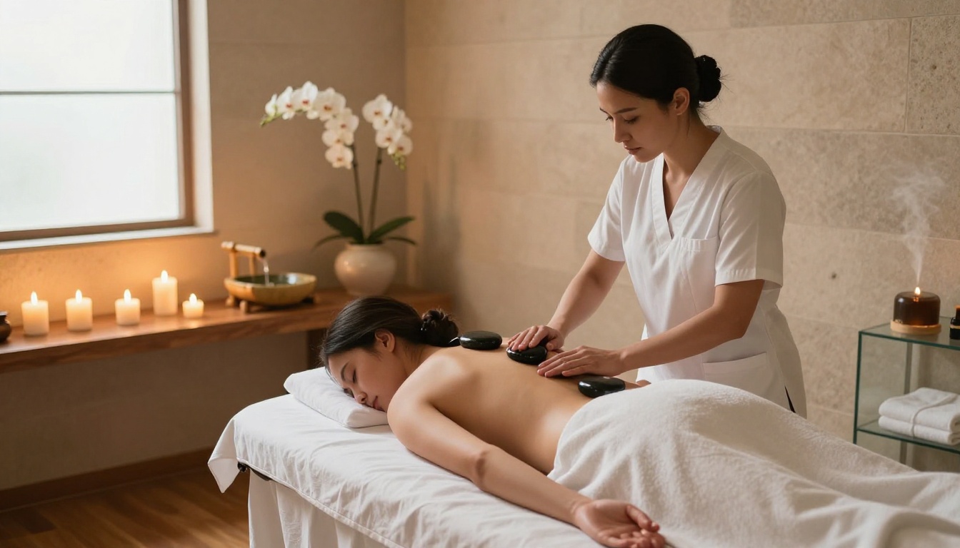 Hotel spa treatment room with hot stone massage, candles, and orchids in warm afternoon light