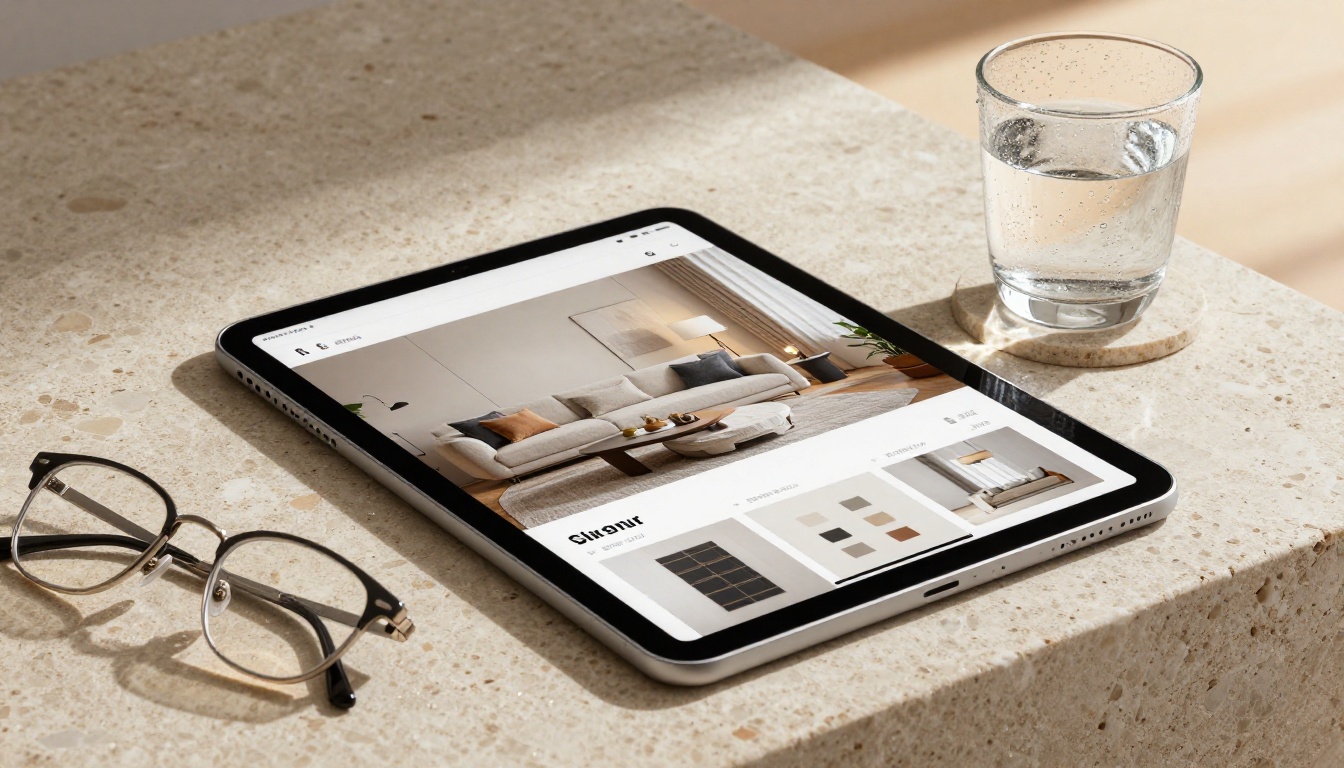iPad on a travertine surface displaying a luxury furniture digital catalog with designer room photography iPad on a travertine surface displaying a luxury furniture digital catalog with designer room photography