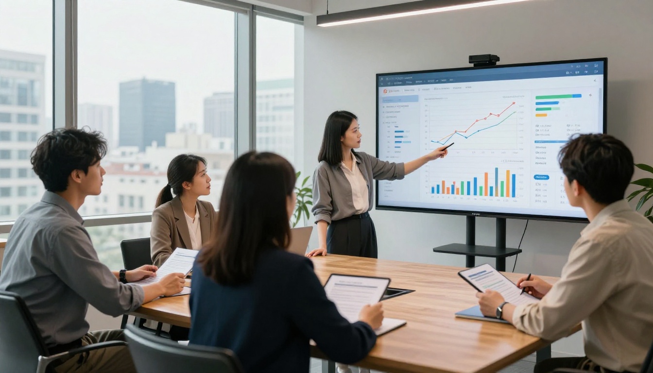 Marketing team reviewing digital catalog viewer metrics on a large screen in a modern conference room Marketing team reviewing digital catalog viewer metrics on a large screen in a modern conference room
