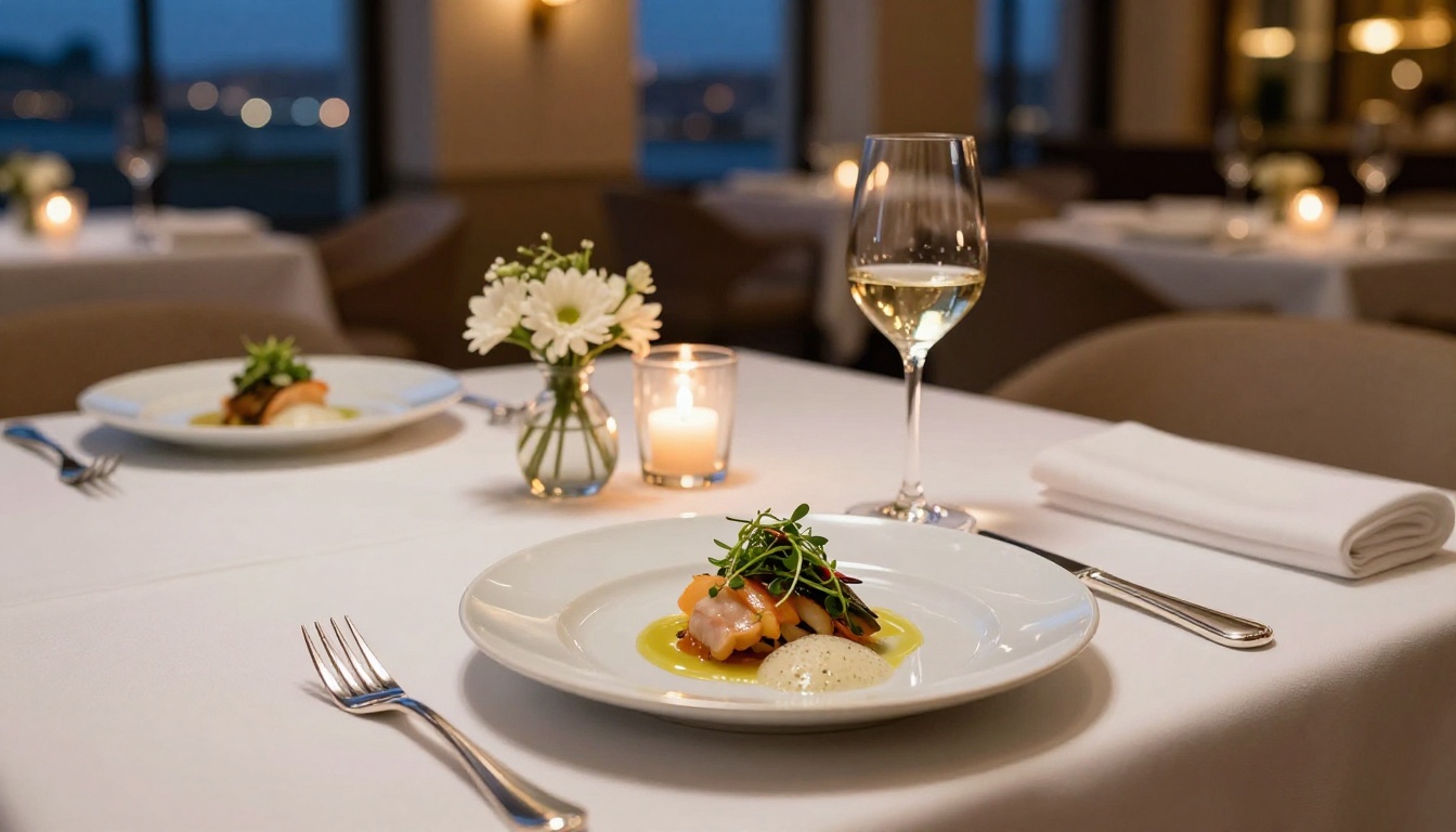 Five-star hotel restaurant fine dining table at dusk with crystal wine glass and plated seafood
